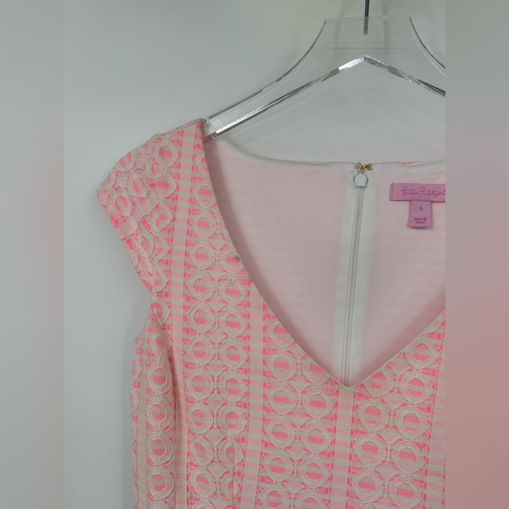 Lilly Pulitzer Pink White Lace Fit & Flare Dress V Neck Size Small - Picture 6 of 11